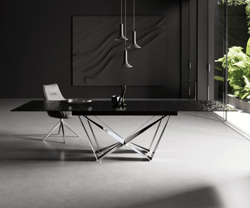 Extendable Dining Table Aurora 200-300x100cm Glass Black Spider Frame Silver