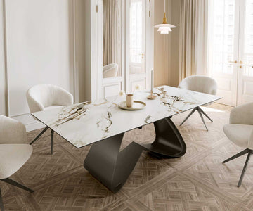 Extendable Dining Table Aurora 180-220x100cm Ceramic Calacatta Luxe Gold W-Frame Titanium
