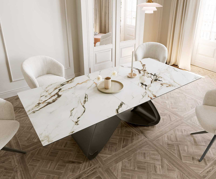 Extendable Dining Table Aurora 180-220x100cm Ceramic Calacatta Luxe Gold W-Frame Titanium
