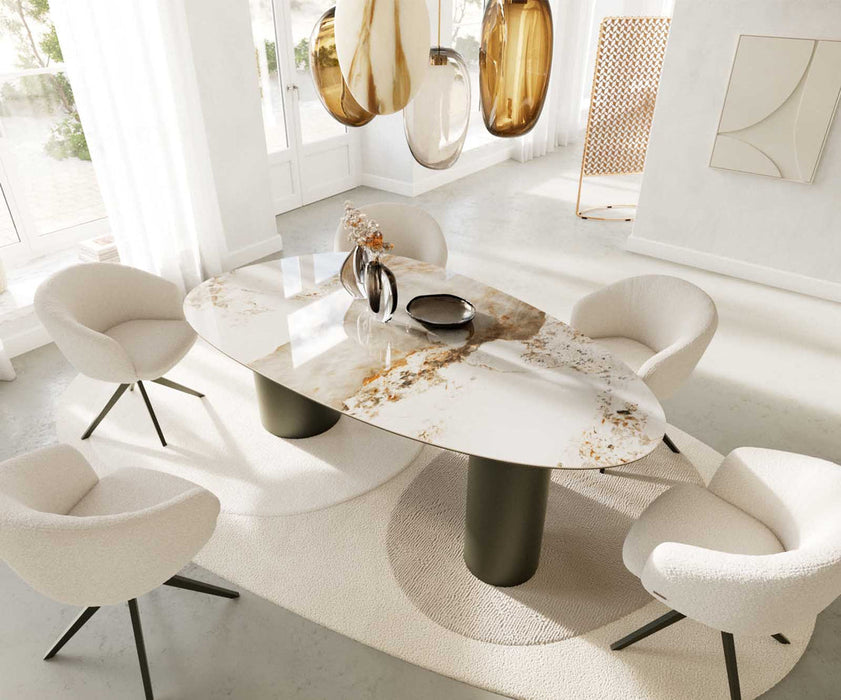Dining Table Aurora Oval 220cm Ceramic Minas Melange Beige Three Pillars Frame Titanium