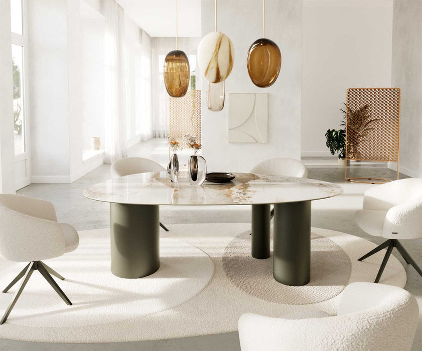 Dining Table Aurora Oval 220cm Ceramic Minas Melange Beige Three Pillars Frame Titanium