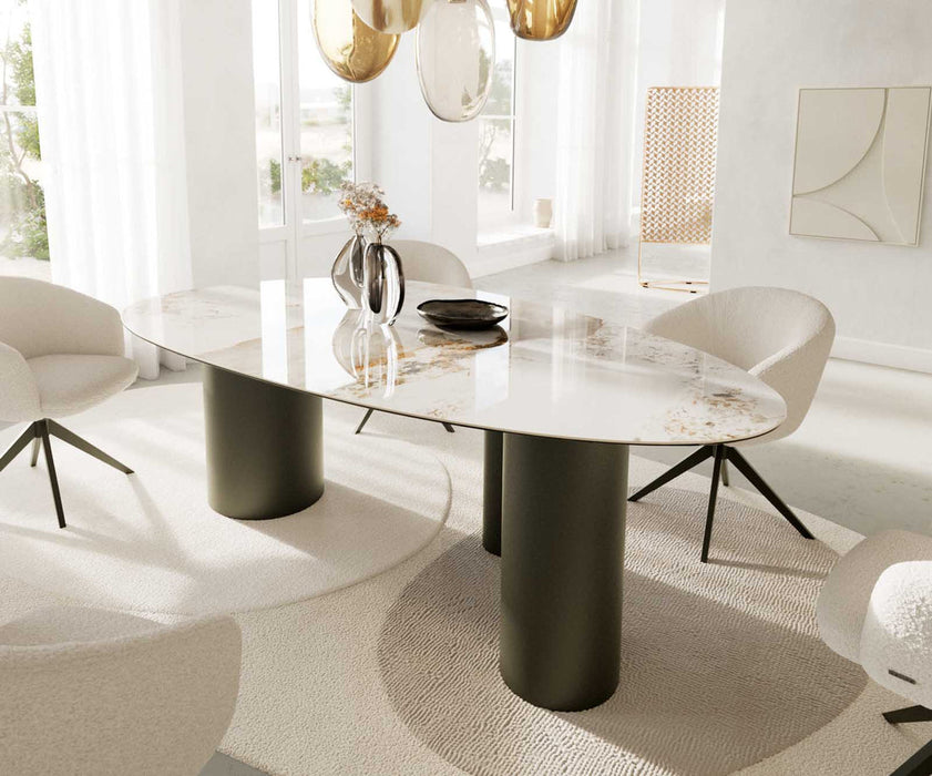 Dining Table Aurora Oval 220cm Ceramic Minas Melange Beige Three Pillars Frame Titanium