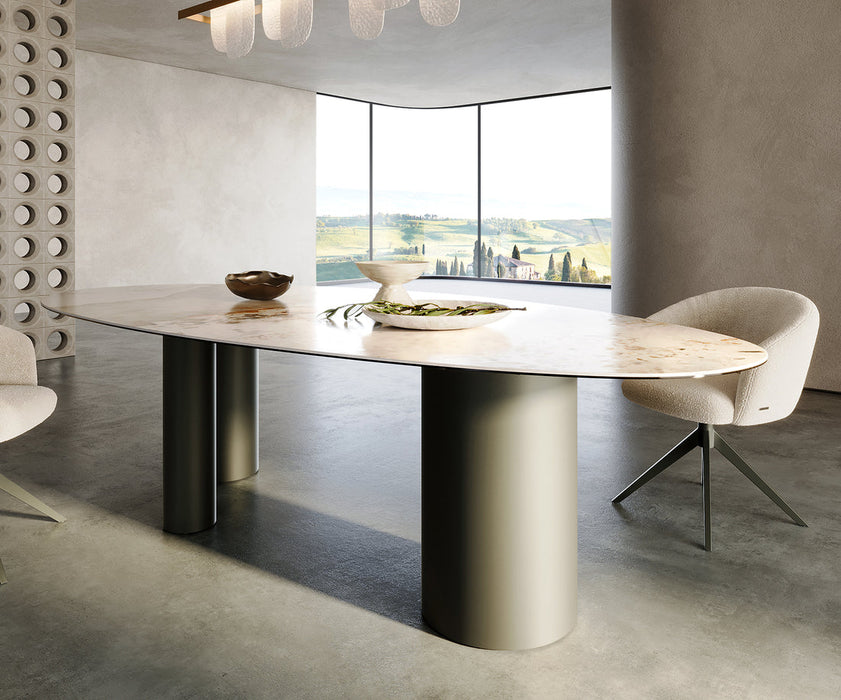 Dining Table Aurora Oval Ceramic 280cm Minas Melange Beige Three Pillars Frame Titanium