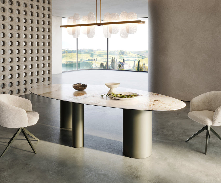 Dining Table Aurora Oval Ceramic 280cm Minas Melange Beige Three Pillars Frame Titanium