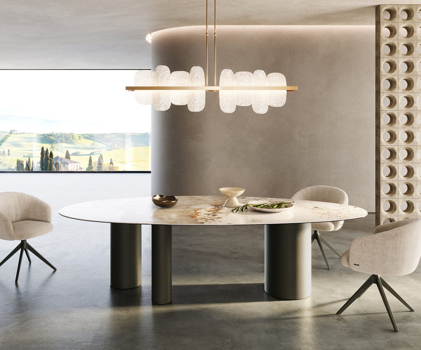 Dining Table Aurora Oval Ceramic 280cm Minas Melange Beige Three Pillars Frame Titanium