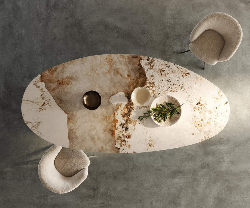 Dining Table Aurora Oval Ceramic 280cm Minas Melange Beige Three Pillars Frame Titanium
