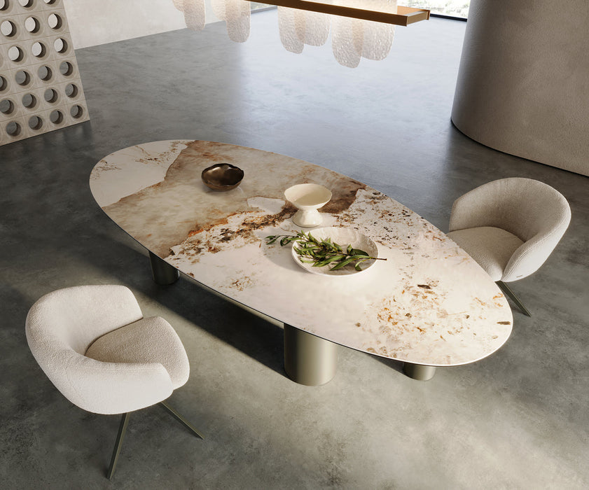 Dining Table Aurora Oval Ceramic 280cm Minas Melange Beige Four Pillars Frame Titanium