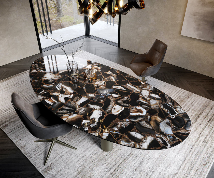 Dining Table Aurora Oval 280x130cm Ceramic Agate Black Three Pillars Frame Titanium