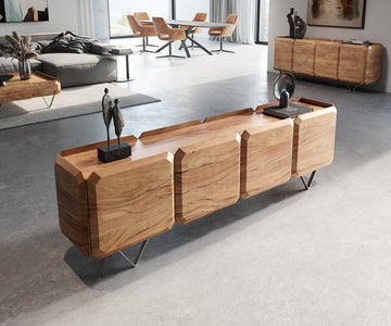 TV Stand Kiano 200cm 8 Doors Acacia Wood Natural V-Feet Silver