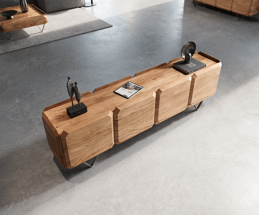 TV Stand Kiano 200cm 8 Doors Acacia Wood Natural V-Feet Silver