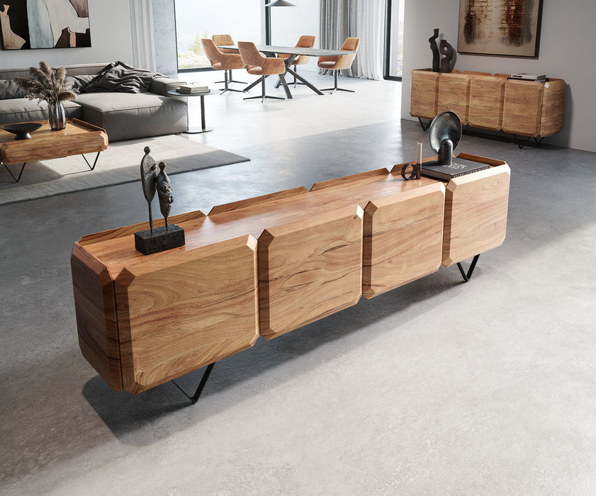 TV Stand Kiano 220cm 8 Doors Acacia Wood Natural V-Feet Black