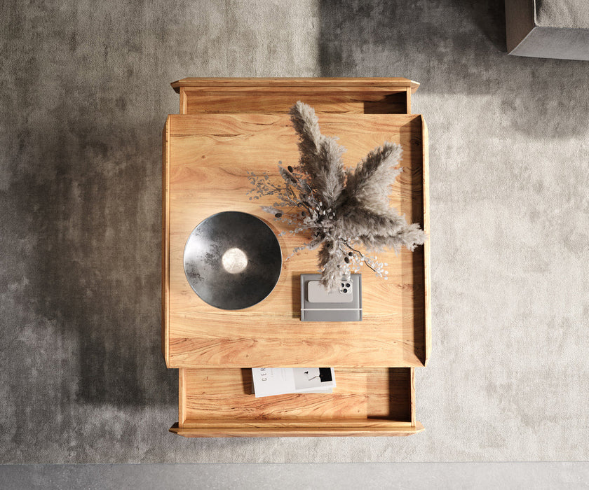 Coffee Table Kiano 90x90 cm 2 Drawers Acacia Wood Natural V-Feet Silver