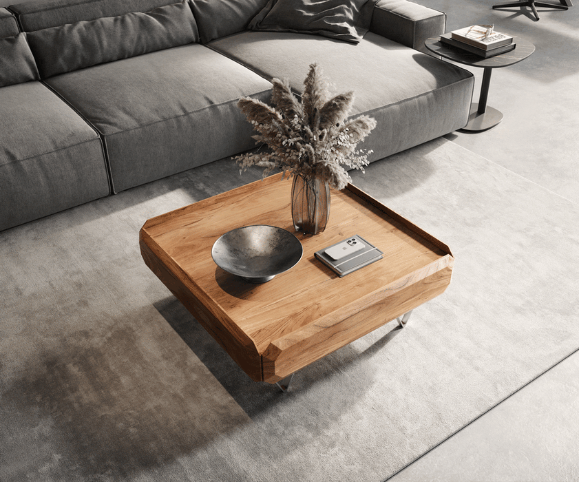 Coffee Table Kiano 90x90 cm 2 Drawers Acacia Wood Natural V-Feet Silver