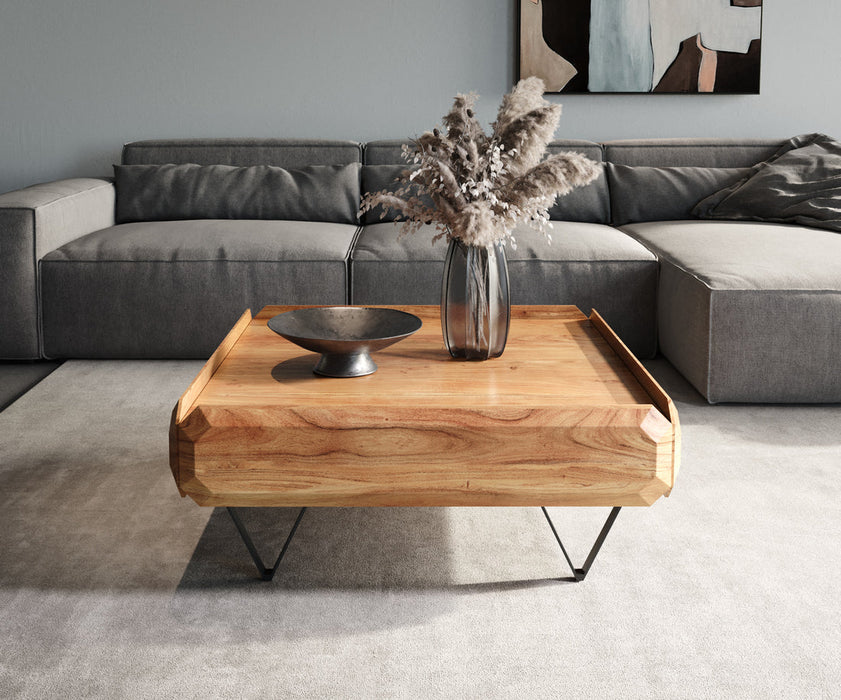 Coffee Table Kiano 90x90 cm 2 Drawers Acacia Wood Natural V-Feet Black