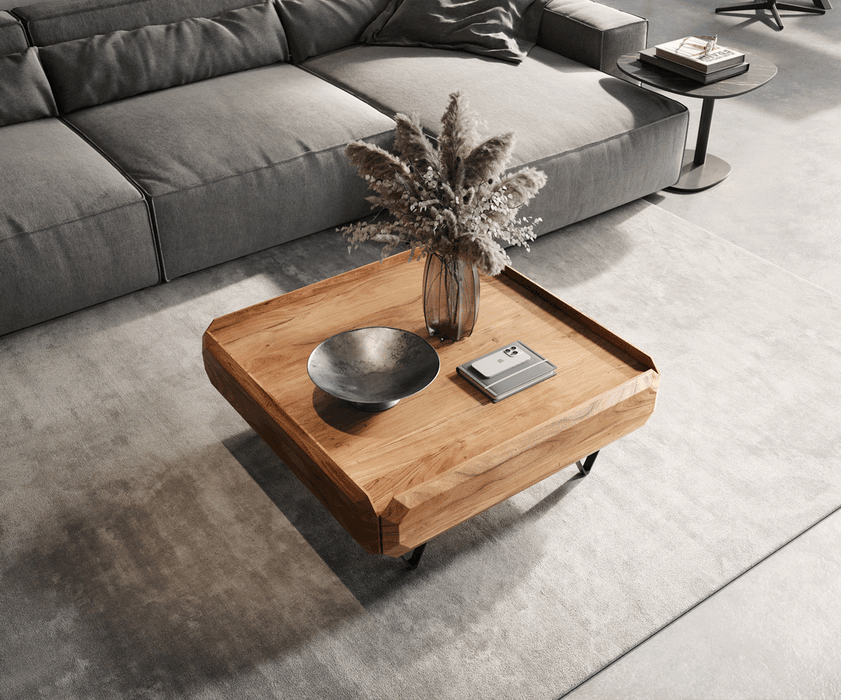 Coffee Table Kiano 90x90 cm 2 Drawers Acacia Wood Natural V-Feet Black