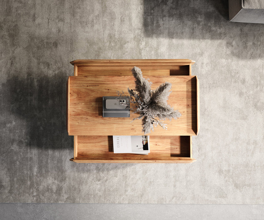Coffee Table Kiano 100x50 cm 2 Drawers Acacia Wood Natural V-Feet Black