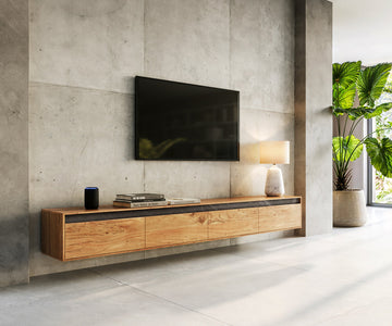 Floating TV Stand Stonegrace Straight-Edge 240cm Acacia Wood Natural 4 Doors Stone Veneer