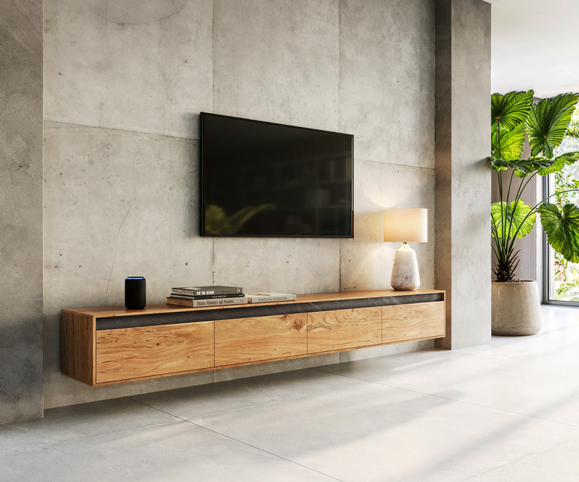 Floating TV Stand Stonegrace Straight-Edge 240cm Acacia Wood Natural 4 Doors Stone Veneer