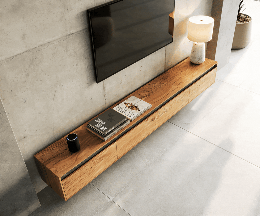 Floating TV Stand Stonegrace Straight-Edge 240cm Acacia Wood Natural 4 Doors Stone Veneer