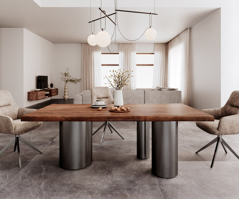 Dining Table Olympus Live-Edge 200x100cm Acacia Wood Brown Three Pillars Frame Graphite 55mm Top