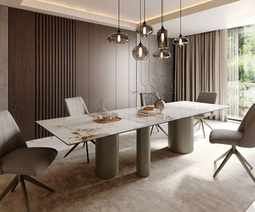 Dining Table Aurora 300x100cm Ceramic Minas Melange Beige Three Pillars Frame Titanium