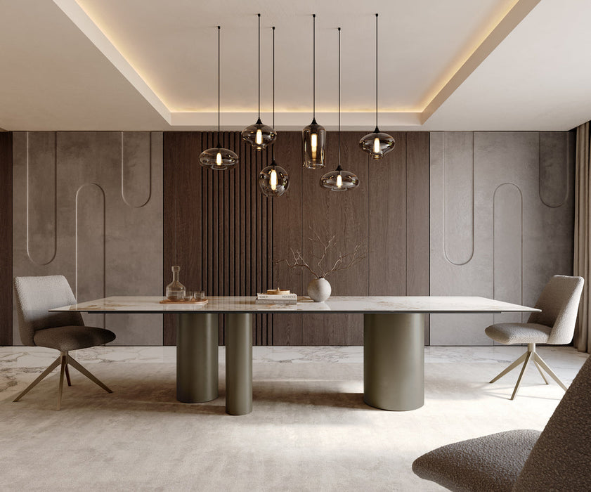 Dining Table Aurora 300x100cm Ceramic Minas Melange Beige Three Pillars Frame Titanium