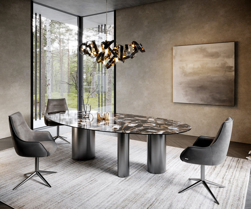 Dining Table Aurora Oval 280x130cm Ceramic Agate Black Three Pillars Frame Graphite