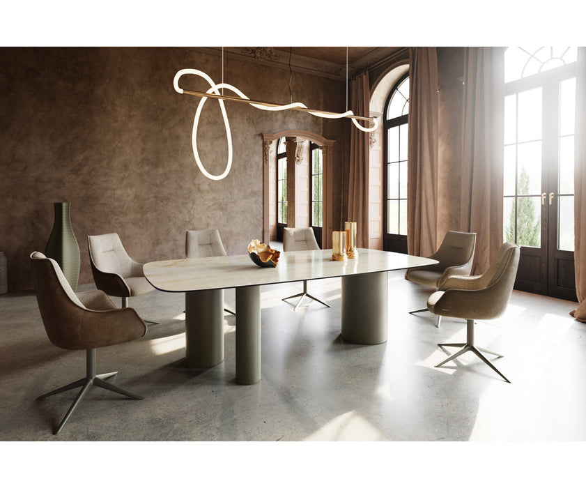Dining Table Aurora Boat 240x120cm Ceramic Onice Oro Beige Three Pillars Frame Titanium
