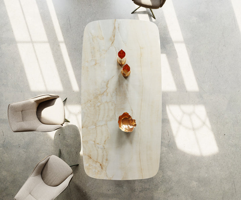 Dining Table Aurora Boat 240x120cm Ceramic Onice Oro Beige Four Pillars Frame Titanium