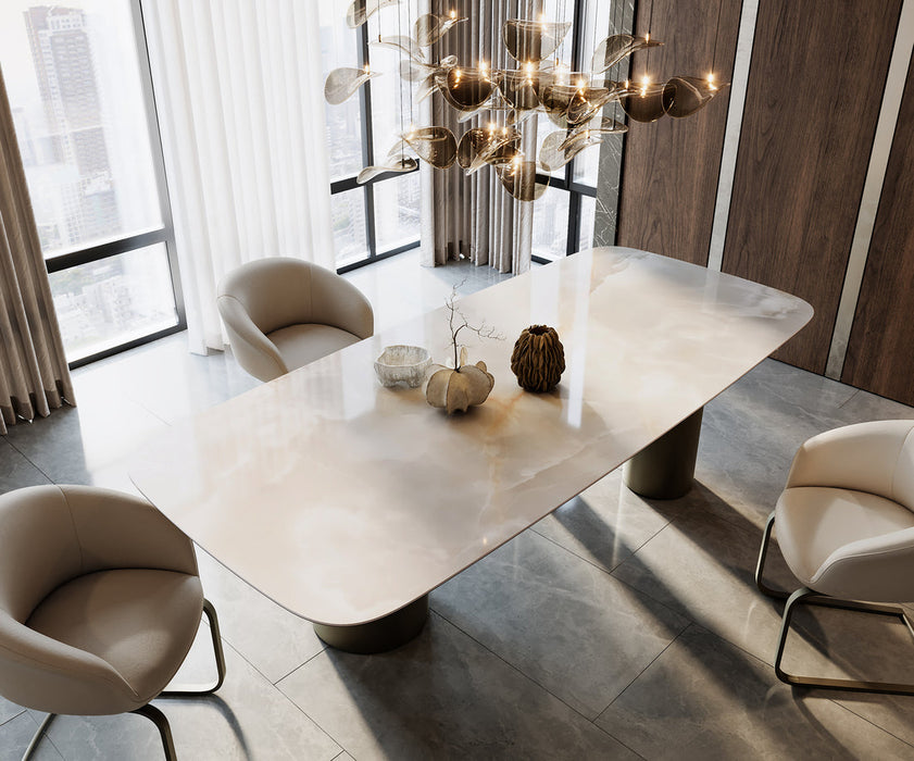 Dining Table Aurora Boat 270x120cm Ceramic Onice Grigio Pearl Three Pillars Frame Titanium