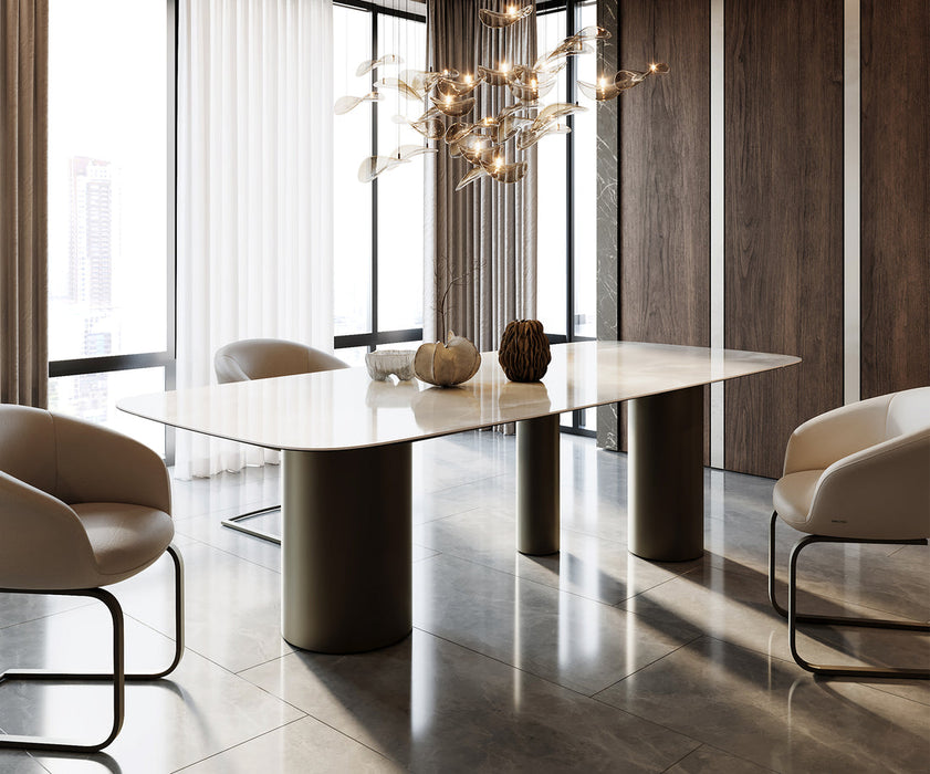 Dining Table Aurora Boat 270x120cm Ceramic Onice Grigio Pearl Three Pillars Frame Titanium