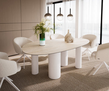 Dining Table Aurora Oval 220x120cm Ceramic Travertino Bianco Travertine Four Pillars Frame White