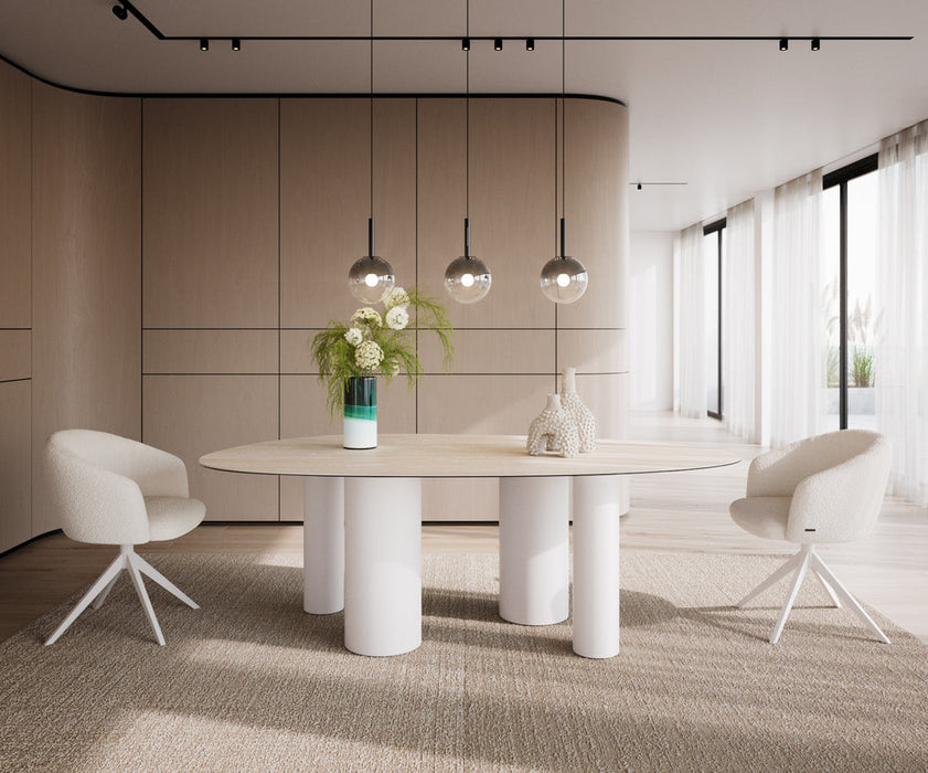 Dining Table Aurora Oval 220x120cm Ceramic Travertino Bianco Travertine Four Pillars Frame White