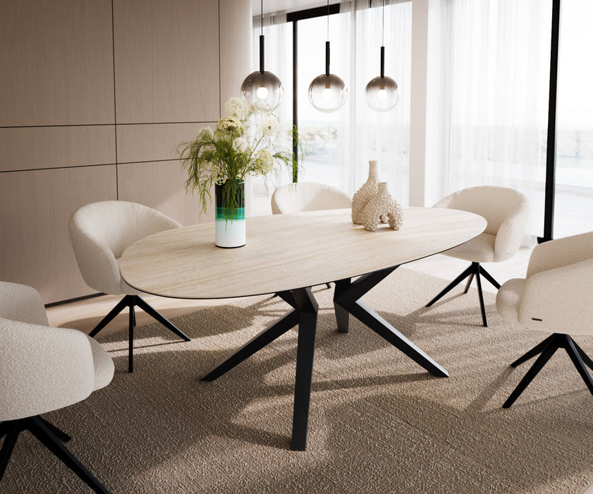 Dining Table Aurora Oval 220x120cm Ceramic Travertine Bianco Travertine Zenthara Frame Black