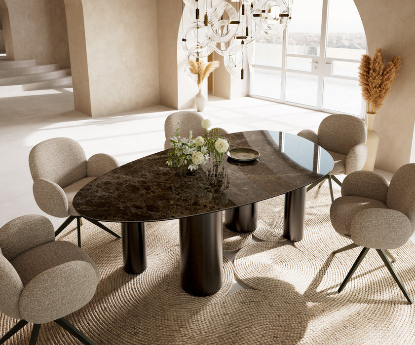 Dining Table Aurora Oval 220x120cm Ceramic Emperador Extra Lucidato Dark Brown Four Pillars Frame Graphite