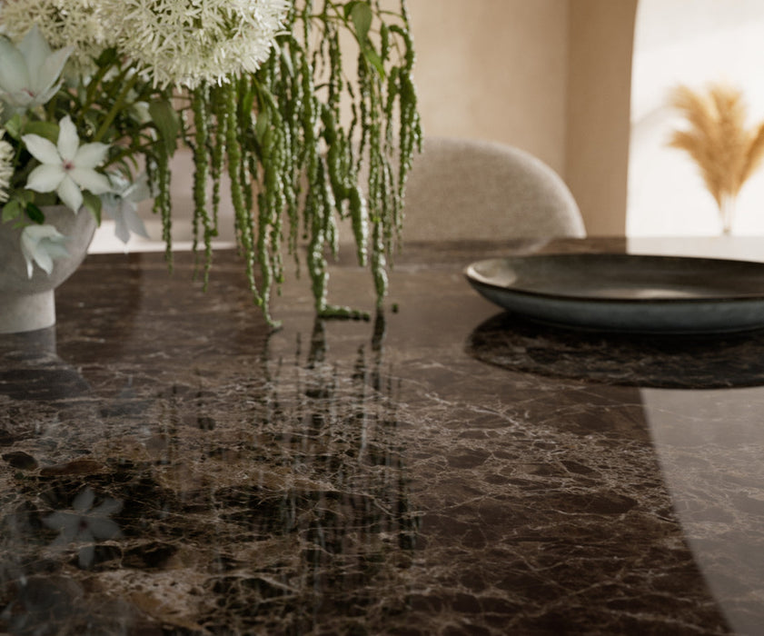 Dining Table Aurora Oval 220x120cm Ceramic Emperador Extra Lucidato Dark Brown Zenthara Frame Black