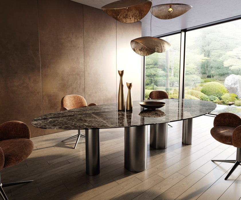 Dining Table Aurora Oval 315x150cm Ceramic Emperador Extra Lucidato Dark Brown Four Pillars Frame Graphite