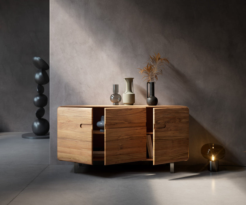 Sideboard Anaya 145cm Acacia Wood Natural 3 Doors L-Feet Silver