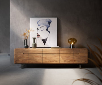 TV Stand Anaya 220cm Acacia Wood Natural 4 Doors 2 Drawers L-Feet Silver