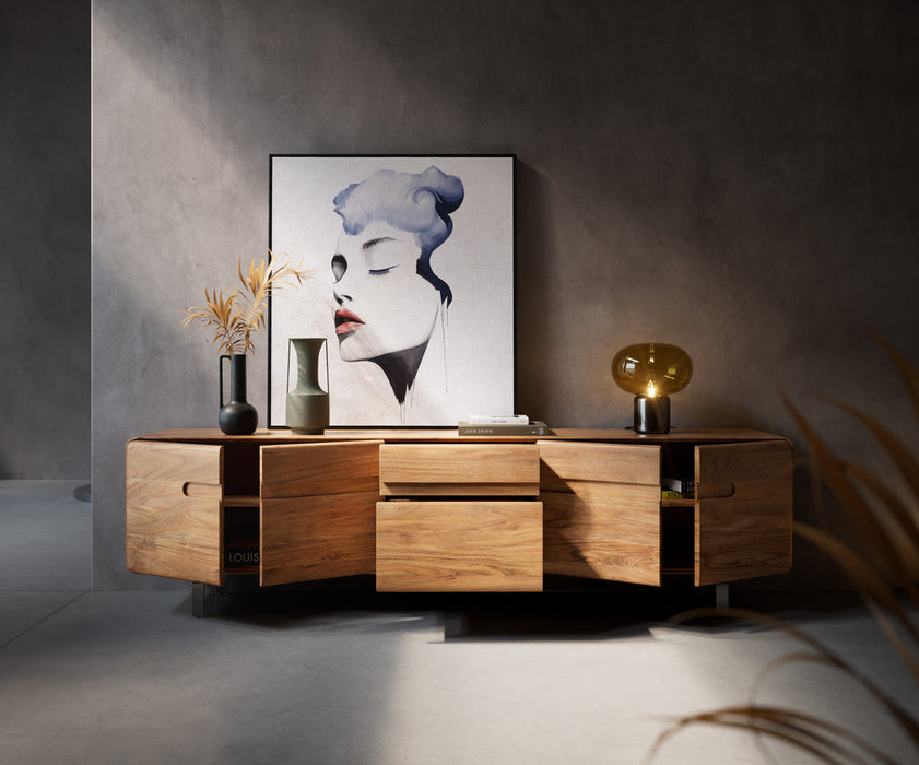 TV Stand Anaya 220cm Acacia Wood Natural 4 Doors 2 Drawers L-Feet Silver
