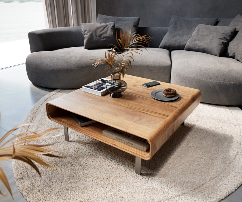 Coffee Table Anaya 90x90cm Acacia Wood Natural 1 Compartment L-Feet Silver
