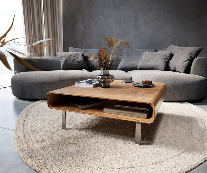 Coffee Table Anaya 90x90cm Acacia Wood Natural 1 Compartment L-Feet Silver