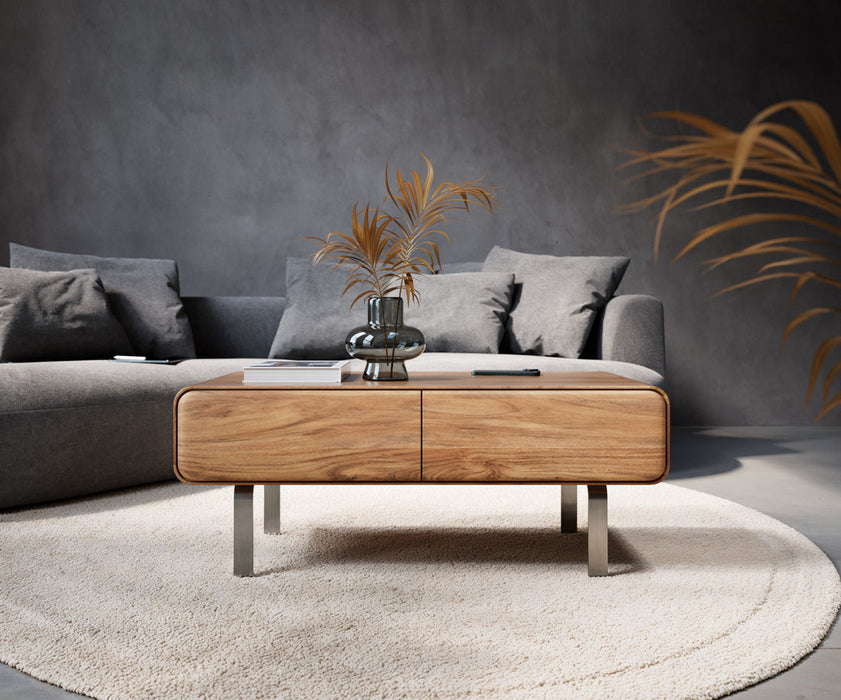 Coffee Table Anaya 100x50cm Acacia Wood Natural 2 Drawers L-Feet Silver
