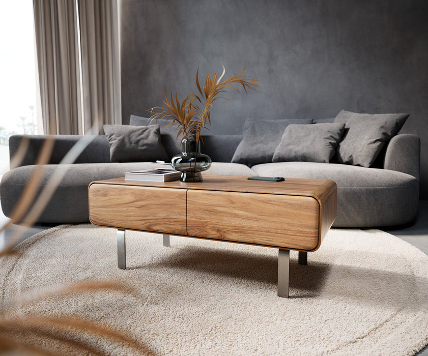 Coffee Table Anaya 100x50cm Acacia Wood Natural 2 Drawers L-Feet Silver