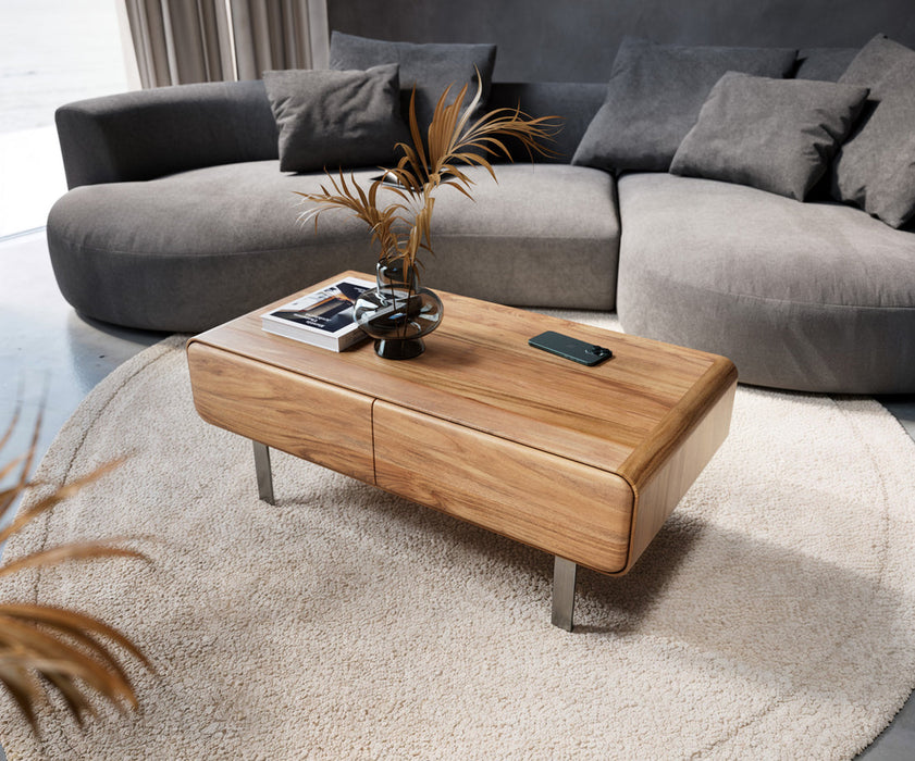 Coffee Table Anaya 100x50cm Acacia Wood Natural 2 Drawers L-Feet Silver