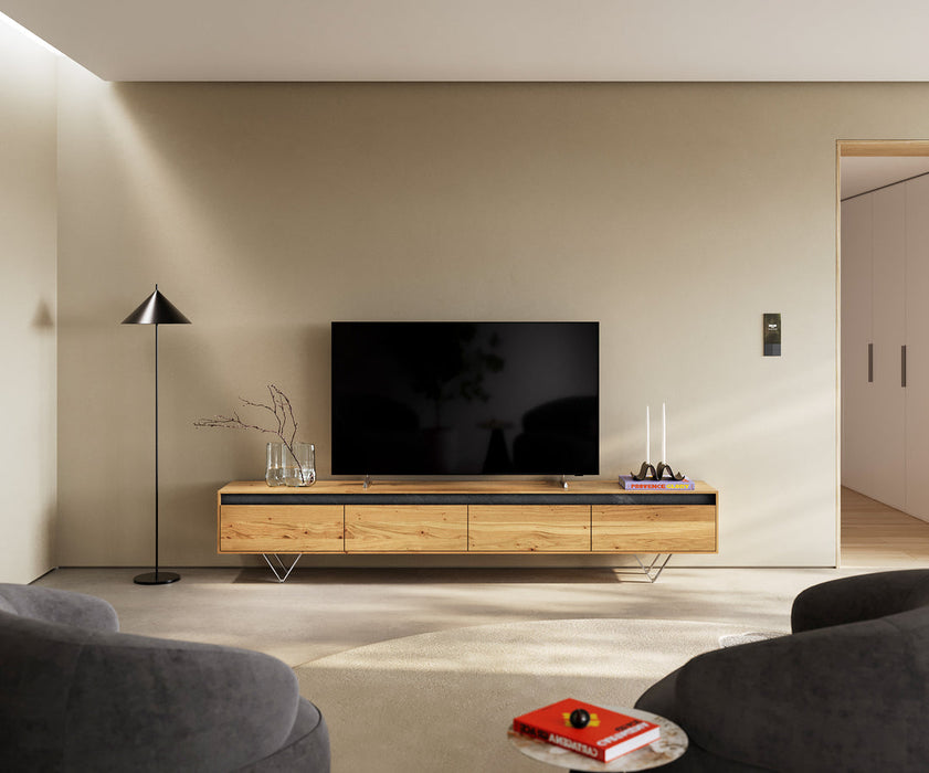 TV Stand Stonegrace Straight-Edge 240cm Oak Wood Natural 4 Doors Stone Veneer V-Feet Metal Silver
