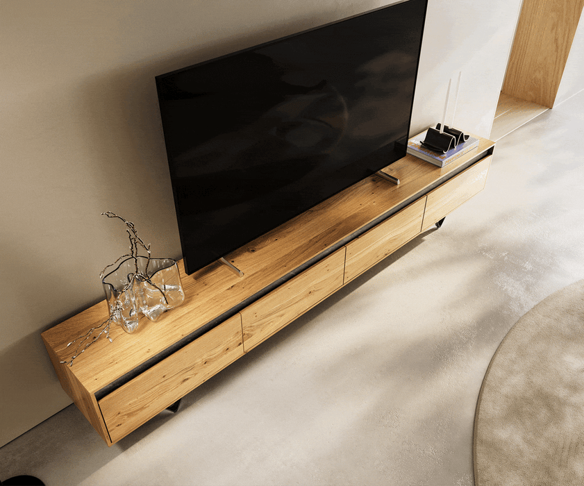 TV Stand Stonegrace Straight-Edge 240cm Oak Wood Natural 4 Doors Stone Veneer V-Feet Metal Black