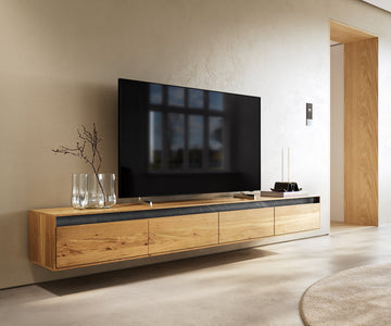 Floating TV Stand Stonegrace Straight-Edge 240cm Oak Wood Natural 4 Doors Stone Veneer