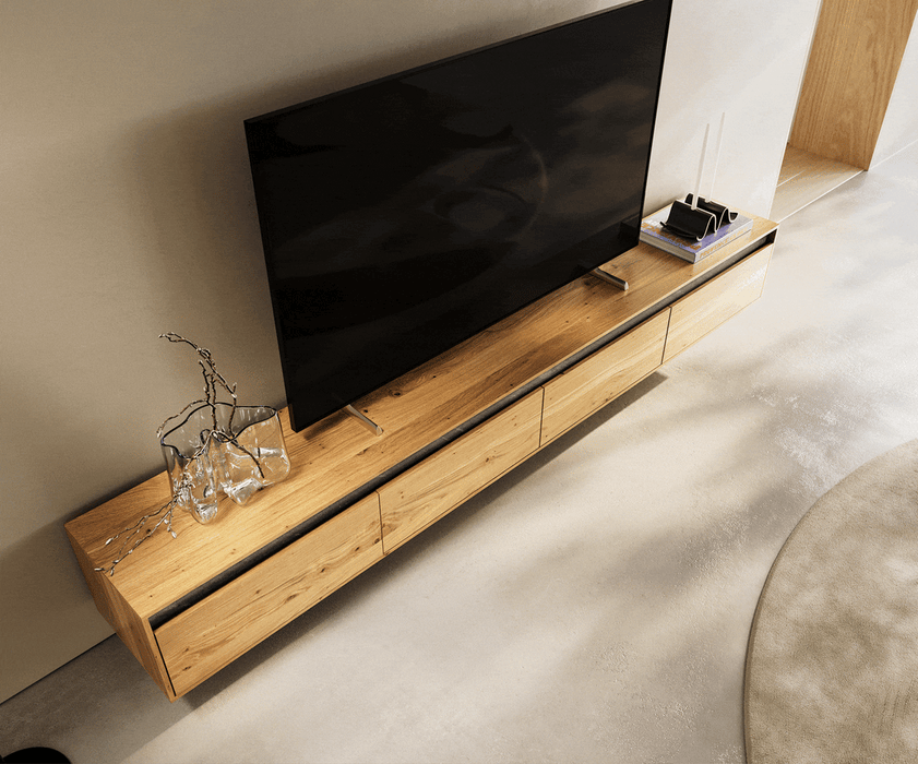 Floating TV Stand Stonegrace Straight-Edge 240cm Oak Wood Natural 4 Doors Stone Veneer