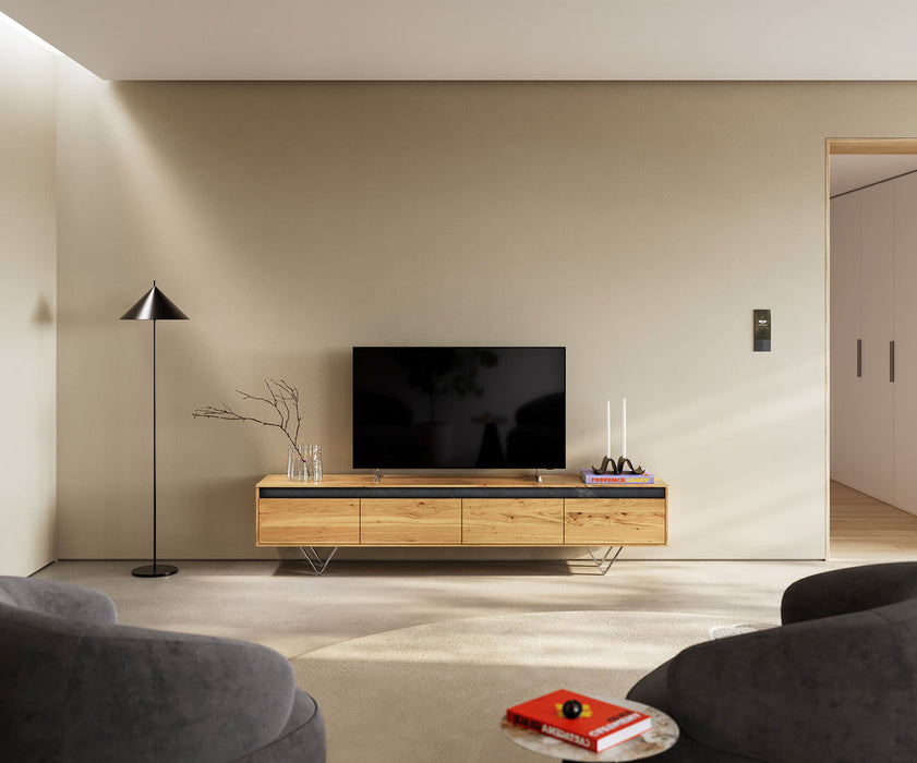 TV Stand Stonegrace Straight-Edge 200cm Oak Wood Natural 4 Drawers Stone Veneer V-Feet Metal Silver
